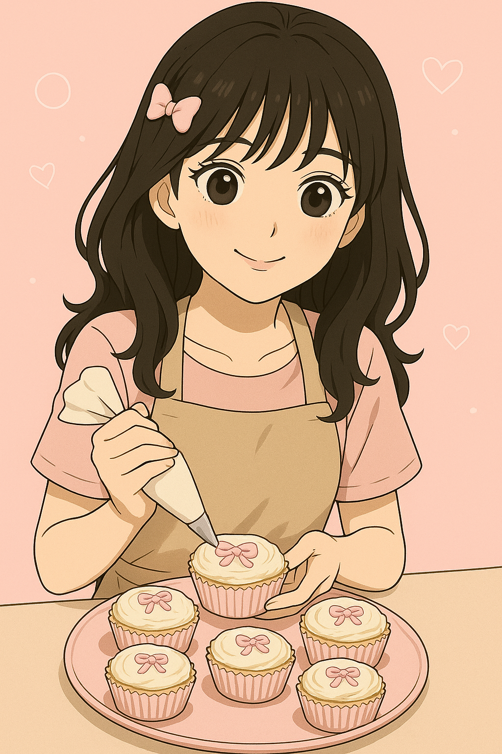 Anime style illustration of a baker decorating cupcakes, Sugar Blooms London